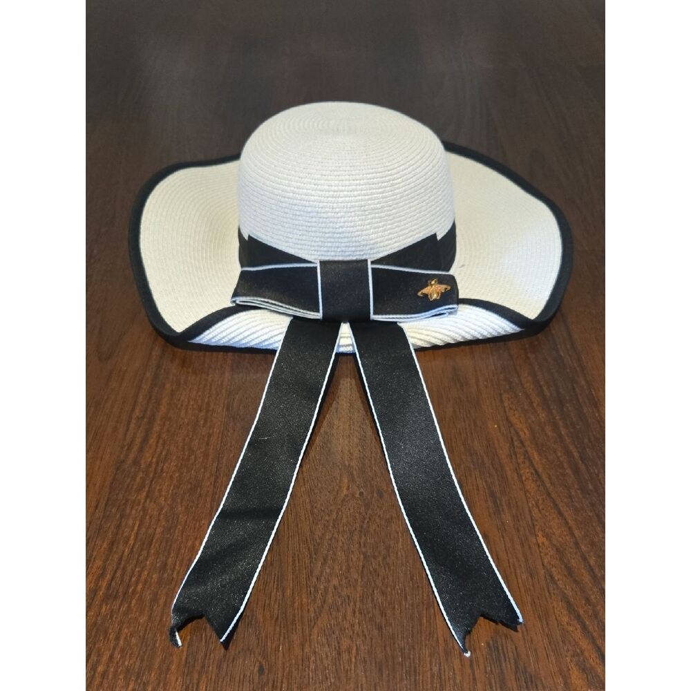 White Straw Sun Hat with Black Ribbon Bow